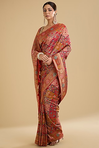 Multi-Colored Satin Silk Zari Work Patola Saree Set by NARMADESHWARI