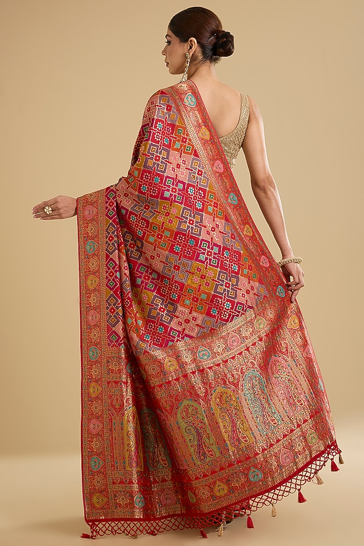 Multi-Colored Satin Silk Zari Work Patola Festive Saree Set by NARMADESHWARI at Pernia's Pop Up Shop