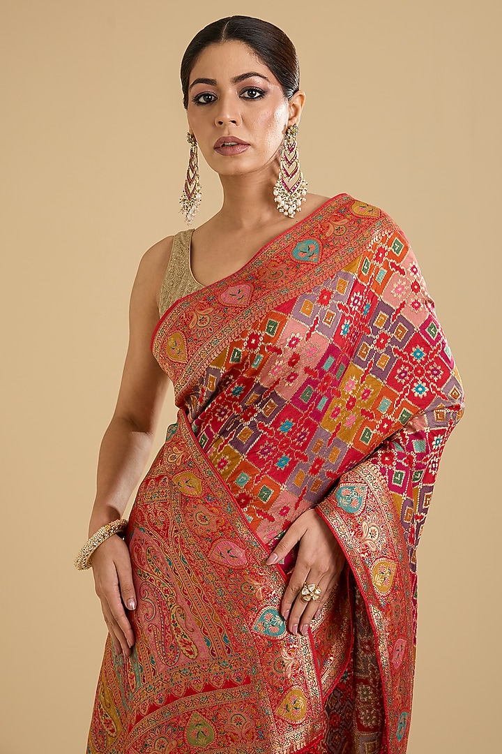 Multi-Colored Satin Silk Zari Work Patola Festive Saree Set by NARMADESHWARI at Pernia's Pop Up Shop