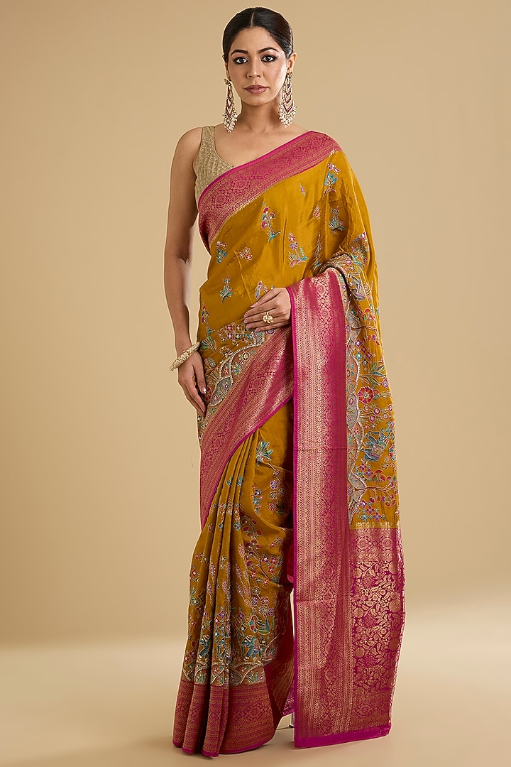 Mustard Satin Silk Sequin Embroidered Party Wear Saree Set by NARMADESHWARI at Pernia's Pop Up Shop