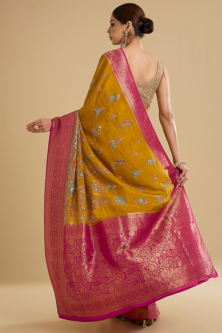 Mustard Satin Silk Sequin Embroidered Party Wear Saree Set by NARMADESHWARI at Pernia's Pop Up Shop