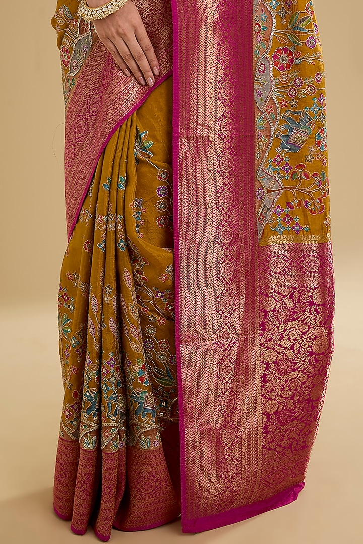 Mustard Satin Silk Sequin Embroidered Party Wear Saree Set by NARMADESHWARI at Pernia's Pop Up Shop