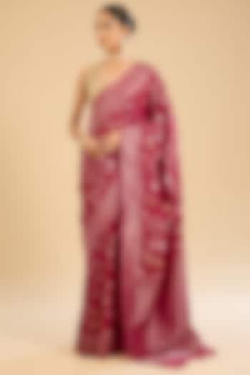 Fuchsia Linen Zari Floral Embroidered Festive Saree Set by NARMADESHWARI at Pernia's Pop Up Shop