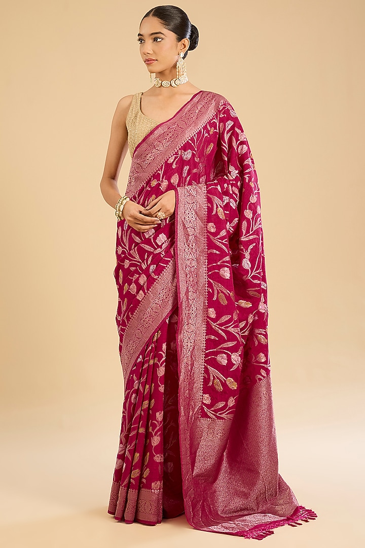 Fuchsia Linen Zari Floral Embroidered Festive Saree Set by NARMADESHWARI at Pernia's Pop Up Shop