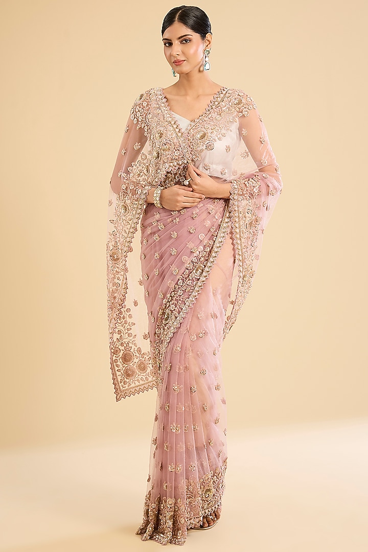 Mauve Net Cutdana Embroidered Party Wear Saree Set by NARMADESHWARI at Pernia's Pop Up Shop