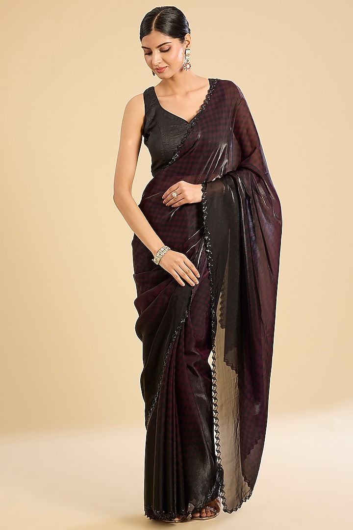 Wine Glass Tissue Printed & Embroidered Festive Saree Set by NARMADESHWARI at Pernia's Pop Up Shop