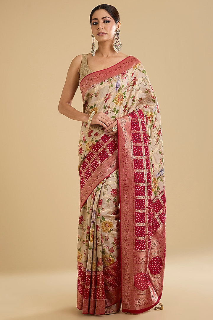 Cream Silk Jaal Zari Embroidered Festive Saree Set by NARMADESHWARI at Pernia's Pop Up Shop
