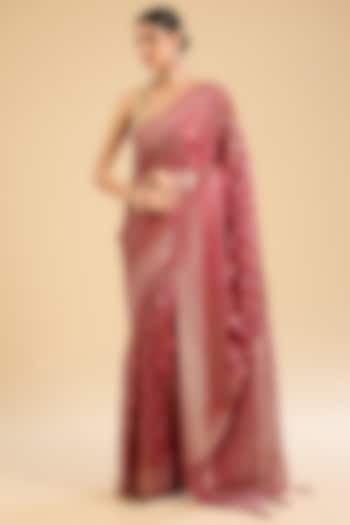 Deep Red Banarasi Silk Embellished Woven Festive Saree Set by NARMADESHWARI at Pernia's Pop Up Shop