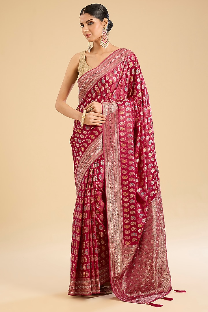 Deep Red Banarasi Silk Embellished Woven Festive Saree Set by NARMADESHWARI at Pernia's Pop Up Shop