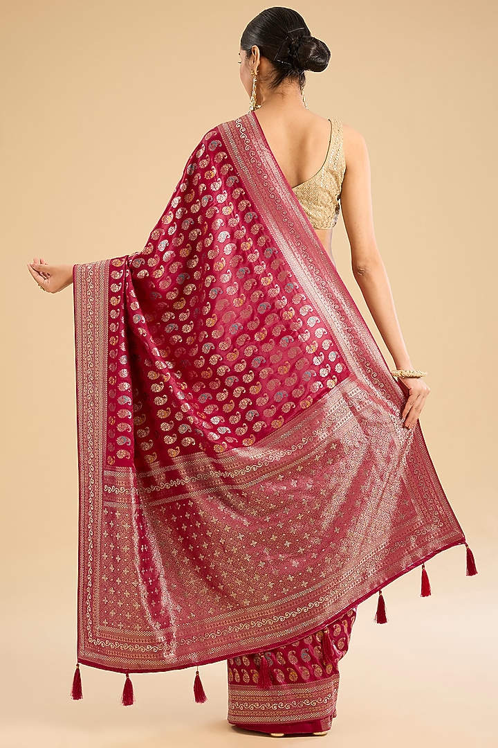 Deep Red Banarasi Silk Embellished Woven Festive Saree Set by NARMADESHWARI at Pernia's Pop Up Shop
