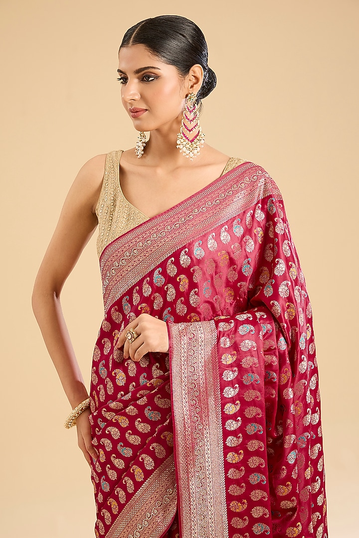 Deep Red Banarasi Silk Embellished Woven Festive Saree Set by NARMADESHWARI at Pernia's Pop Up Shop