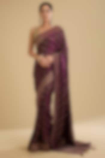 Wine Banarasi Silk Swarovski Embellished Woven Party Wear Saree Set by NARMADESHWARI at Pernia's Pop Up Shop