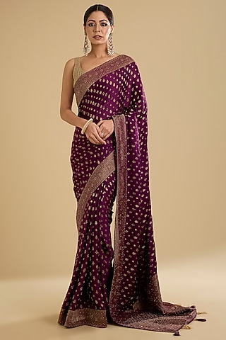 Wine Banarasi Silk Swarovski Embellished Woven Saree Set by NARMADESHWARI