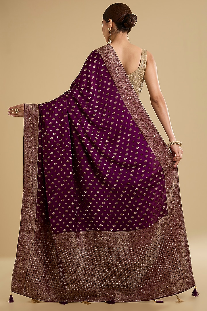 Wine Banarasi Silk Swarovski Embellished Woven Party Wear Saree Set by NARMADESHWARI at Pernia's Pop Up Shop