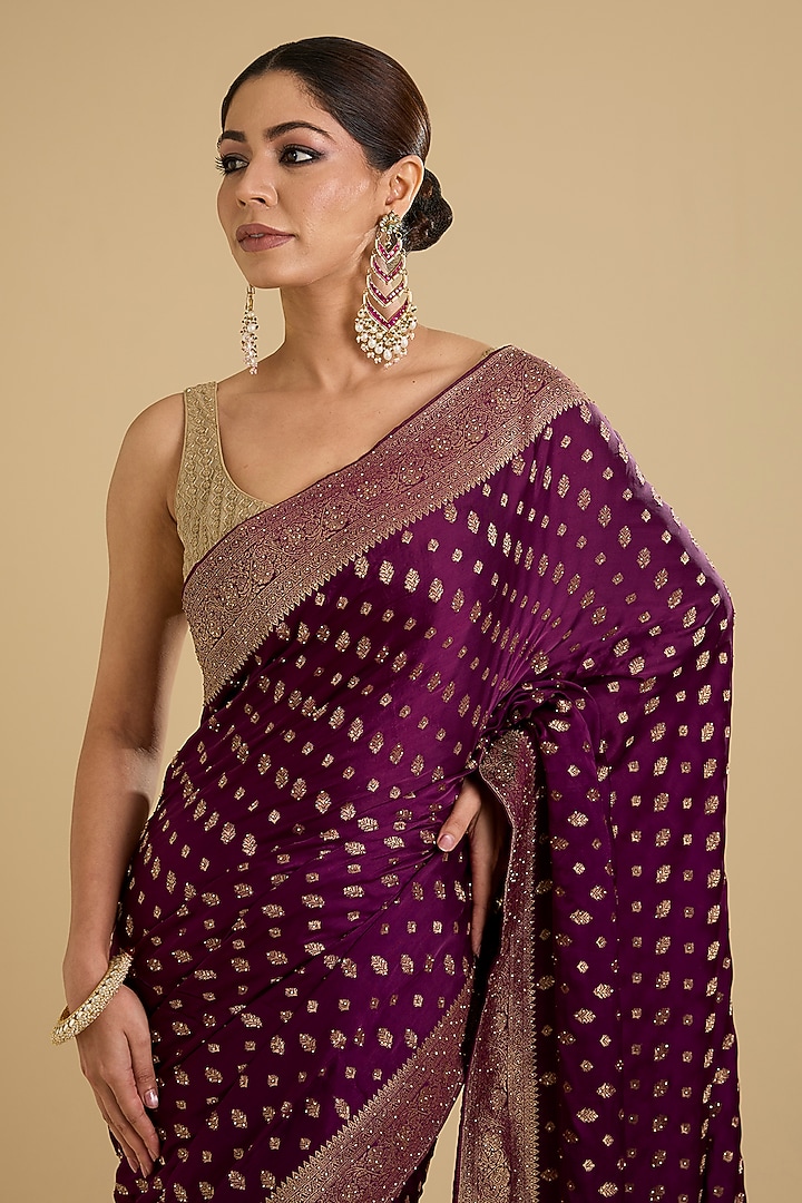 Wine Banarasi Silk Swarovski Embellished Woven Party Wear Saree Set by NARMADESHWARI at Pernia's Pop Up Shop