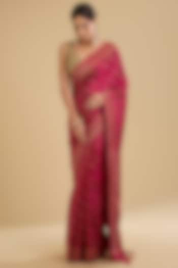 Rani Pink Banarasi Silk Swarovski Embellished Party Wear Saree Set by NARMADESHWARI at Pernia's Pop Up Shop