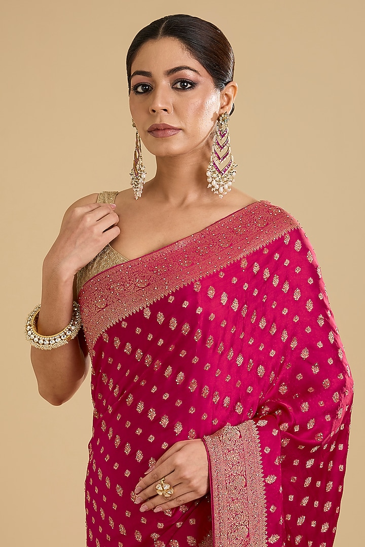 Rani Pink Banarasi Silk Swarovski Embellished Party Wear Saree Set by NARMADESHWARI at Pernia's Pop Up Shop