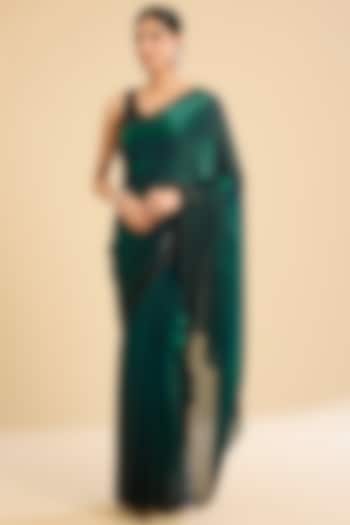 Forest Green & Black Glass Tissue Printed Festive Saree Set by NARMADESHWARI at Pernia's Pop Up Shop