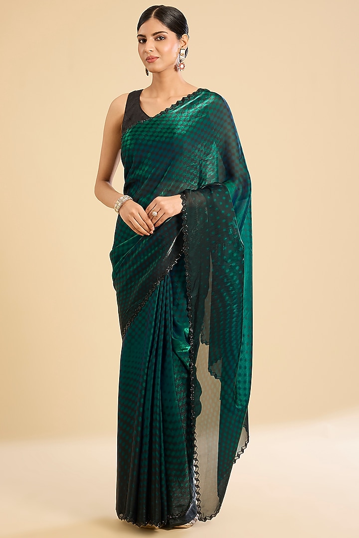 Forest Green & Black Glass Tissue Printed Festive Saree Set by NARMADESHWARI at Pernia's Pop Up Shop