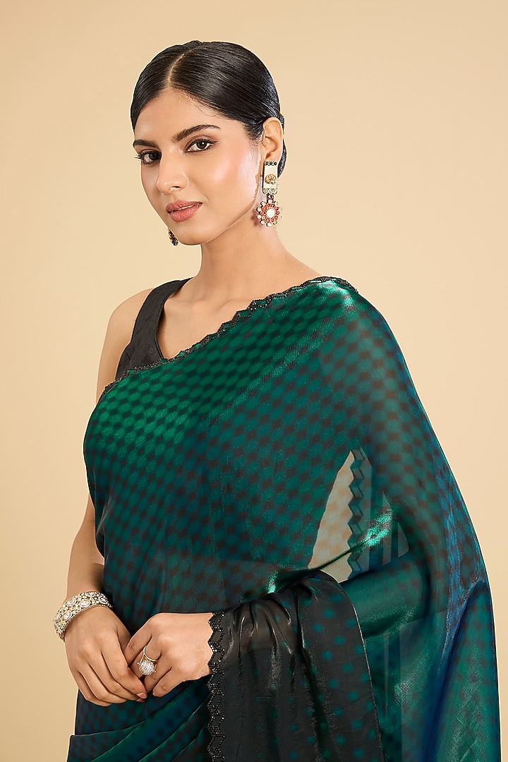 Forest Green & Black Glass Tissue Printed Festive Saree Set by NARMADESHWARI at Pernia's Pop Up Shop