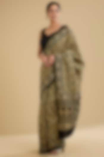 Black & Cream Cotton Jaal Printed Festive Saree Set by NARMADESHWARI at Pernia's Pop Up Shop