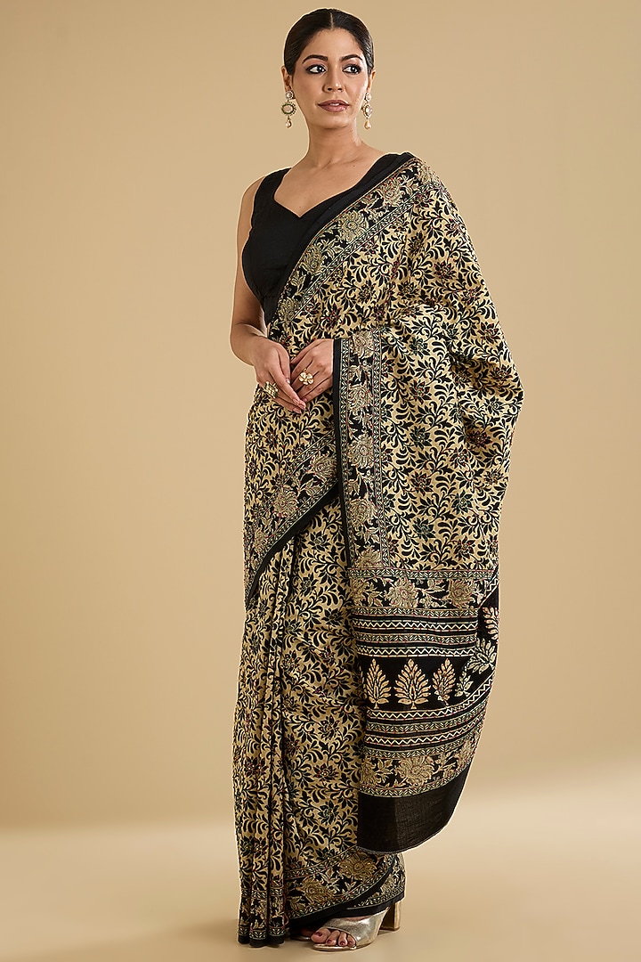 Black & Cream Cotton Jaal Printed Festive Saree Set by NARMADESHWARI at Pernia's Pop Up Shop