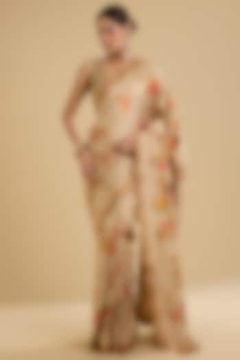 Cream Silk Floral Embroidered Handwoven Party Wear Saree Set by NARMADESHWARI at Pernia's Pop Up Shop