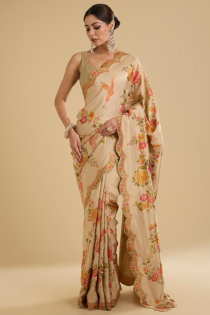Cream Silk Floral Embroidered Handwoven Party Wear Saree Set by NARMADESHWARI at Pernia's Pop Up Shop