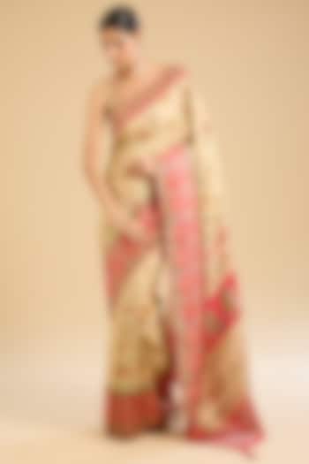 Cream Banarasi Satin Silk Swarovski Embellished Festive Saree Set by NARMADESHWARI at Pernia's Pop Up Shop