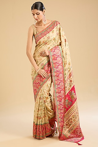 Cream Banarasi Satin Silk Swarovski Embellished Saree Set by NARMADESHWARI