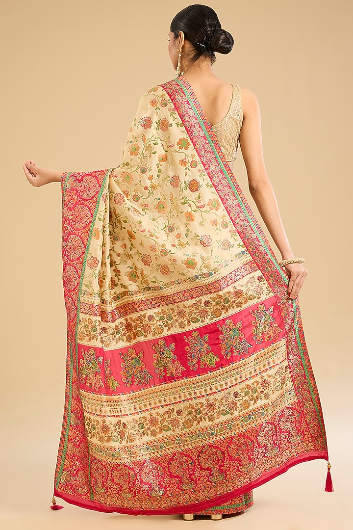 Cream Banarasi Satin Silk Swarovski Embellished Festive Saree Set by NARMADESHWARI at Pernia's Pop Up Shop