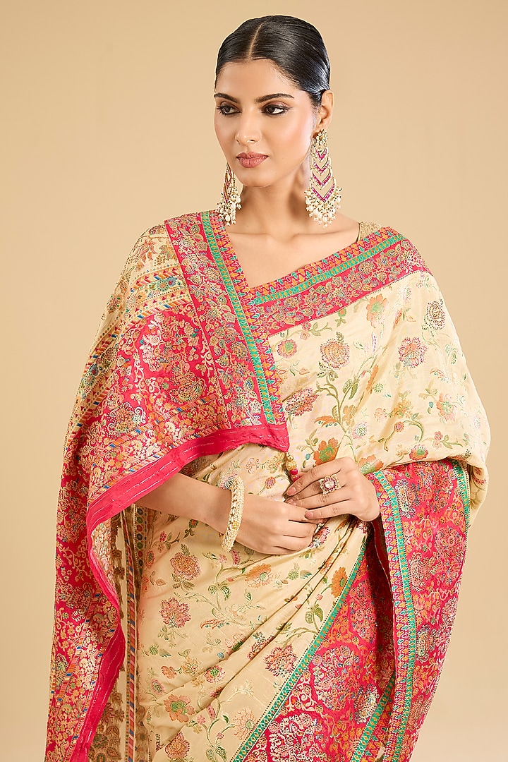 Cream Banarasi Satin Silk Swarovski Embellished Festive Saree Set by NARMADESHWARI at Pernia's Pop Up Shop