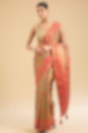 Pink Satin Silk Swarovski Work Festive Saree Set by NARMADESHWARI at Pernia's Pop Up Shop