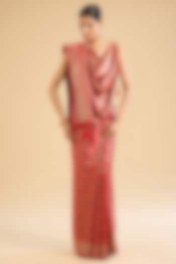 Pink Banarasi Satin Silk Swarovski Embellished Festive Saree Set by NARMADESHWARI at Pernia's Pop Up Shop