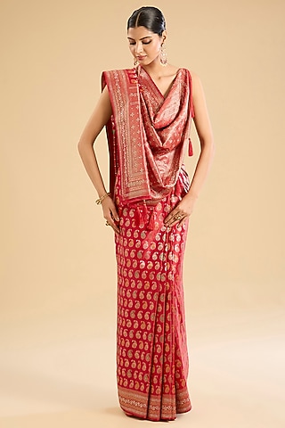 Pink Banarasi Satin Silk Swarovski Embellished Saree Set by NARMADESHWARI