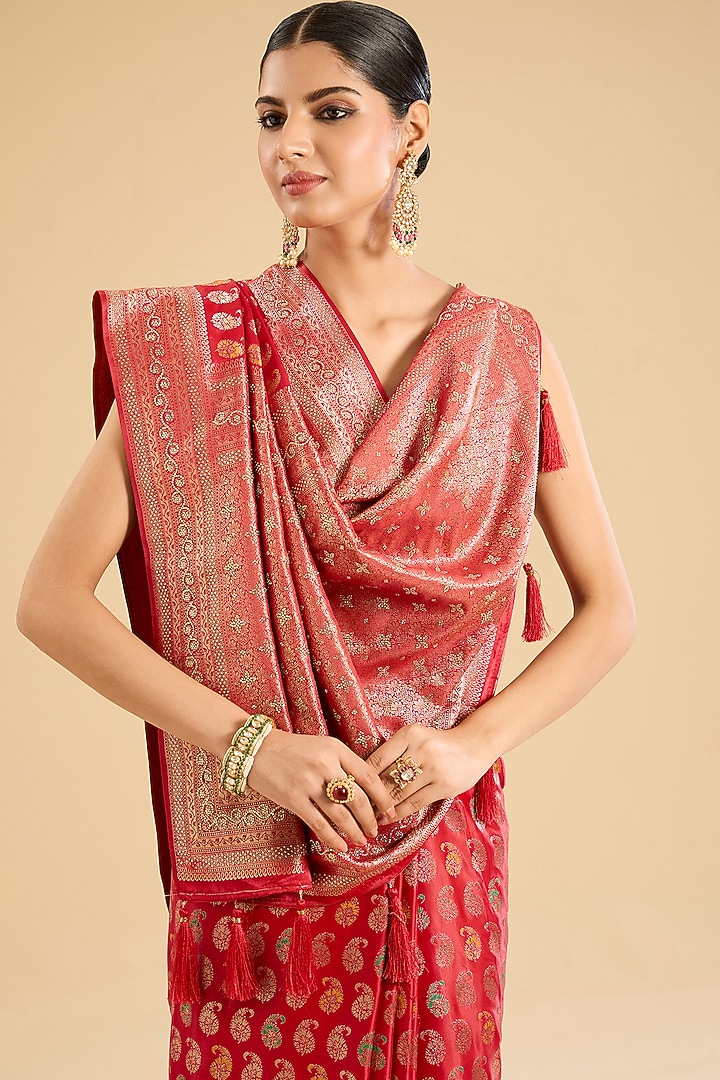 Pink Banarasi Satin Silk Swarovski Embellished Festive Saree Set by NARMADESHWARI at Pernia's Pop Up Shop