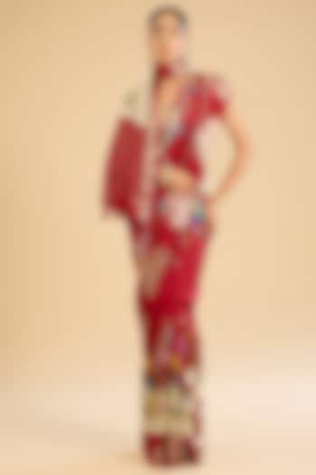 Cream & Fuchsia Silk Floral Printed Festive Saree Set by NARMADESHWARI at Pernia's Pop Up Shop