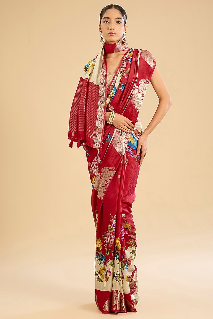 Cream & Fuchsia Silk Floral Printed Festive Saree Set by NARMADESHWARI at Pernia's Pop Up Shop