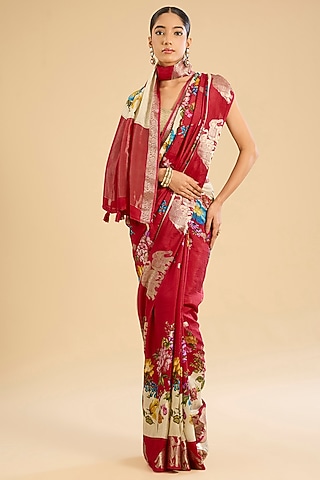 Cream & Fuchsia Silk Floral Printed Saree Set by NARMADESHWARI
