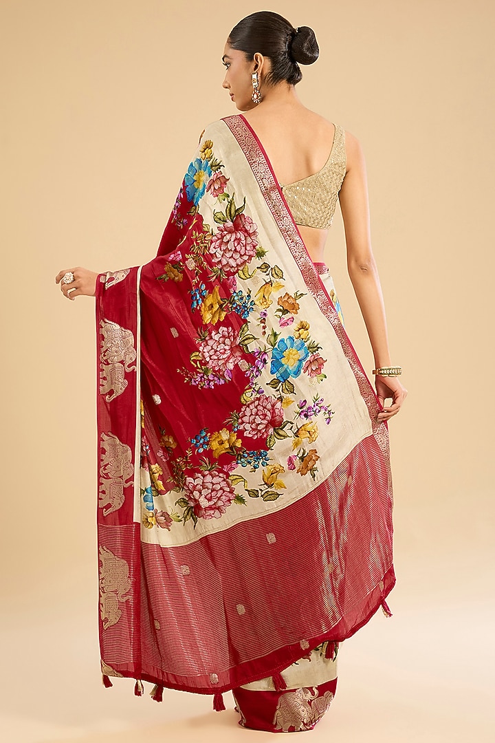 Cream & Fuchsia Silk Floral Printed Festive Saree Set by NARMADESHWARI at Pernia's Pop Up Shop