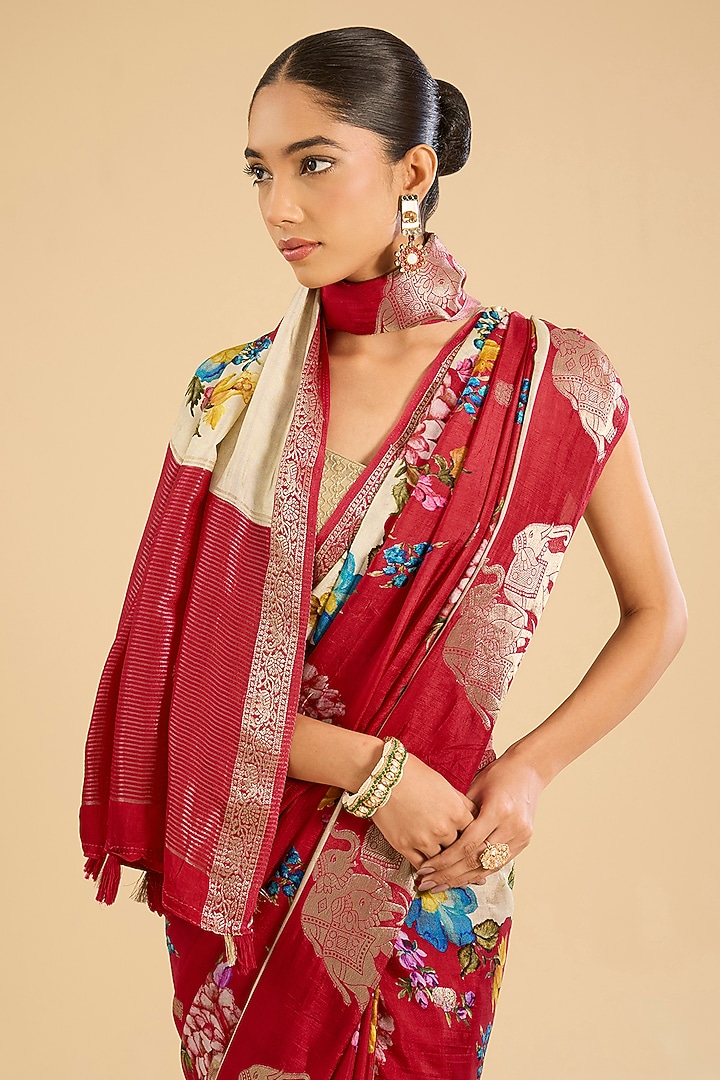 Cream & Fuchsia Silk Floral Printed Festive Saree Set by NARMADESHWARI at Pernia's Pop Up Shop