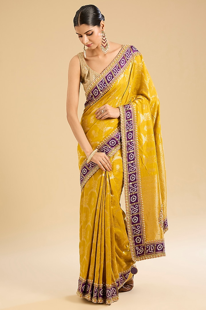 Yellow Georgette Zari Embroidered Party Wear Saree Set by NARMADESHWARI at Pernia's Pop Up Shop