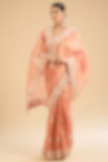 Pink Glass Tissue Floral Embroidered Festive Saree Set by NARMADESHWARI at Pernia's Pop Up Shop