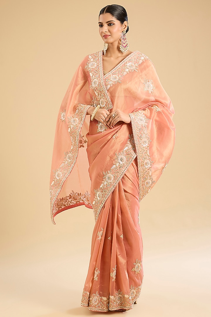 Pink Glass Tissue Floral Embroidered Festive Saree Set by NARMADESHWARI at Pernia's Pop Up Shop