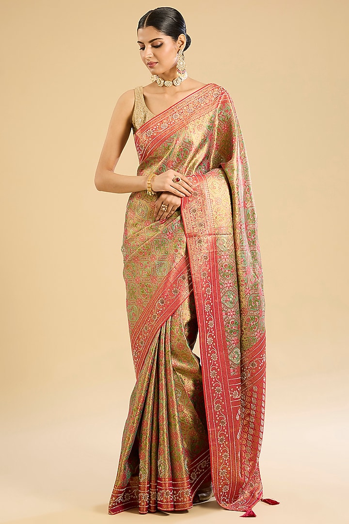 Pink Satin Silk Swarovski Embroidered Festive Saree Set by NARMADESHWARI at Pernia's Pop Up Shop