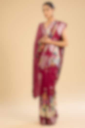 Cream & Red Silk Floral Printed Festive Saree Set by NARMADESHWARI at Pernia's Pop Up Shop