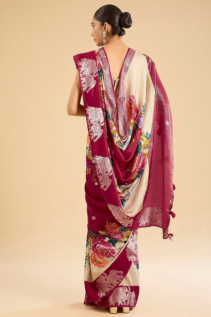 Cream & Red Silk Floral Printed Festive Saree Set by NARMADESHWARI at Pernia's Pop Up Shop