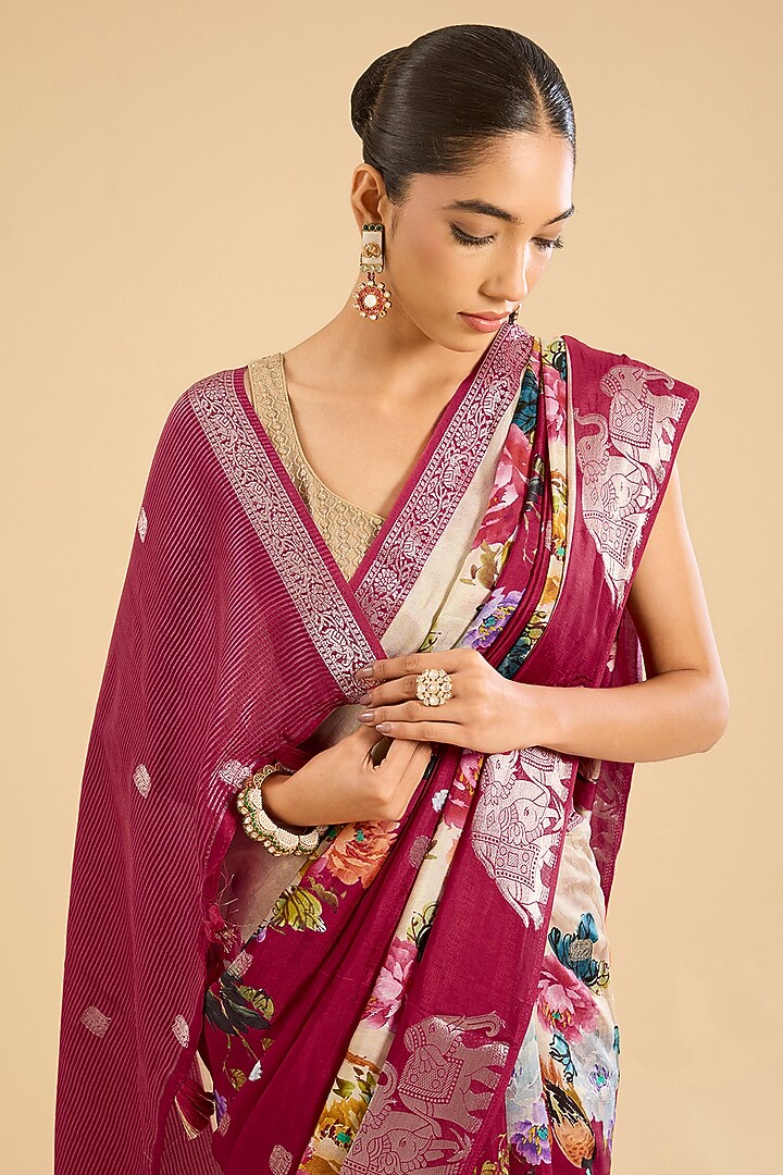 Cream & Red Silk Floral Printed Festive Saree Set by NARMADESHWARI at Pernia's Pop Up Shop