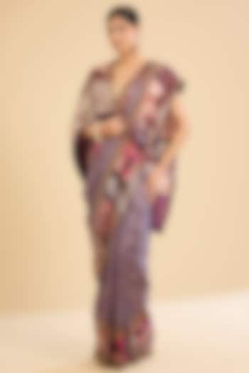 Wine Georgette Printed Festive Saree Set by NARMADESHWARI at Pernia's Pop Up Shop