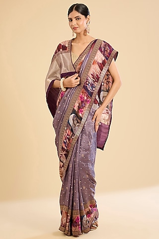 Wine Georgette Printed Saree Set by NARMADESHWARI